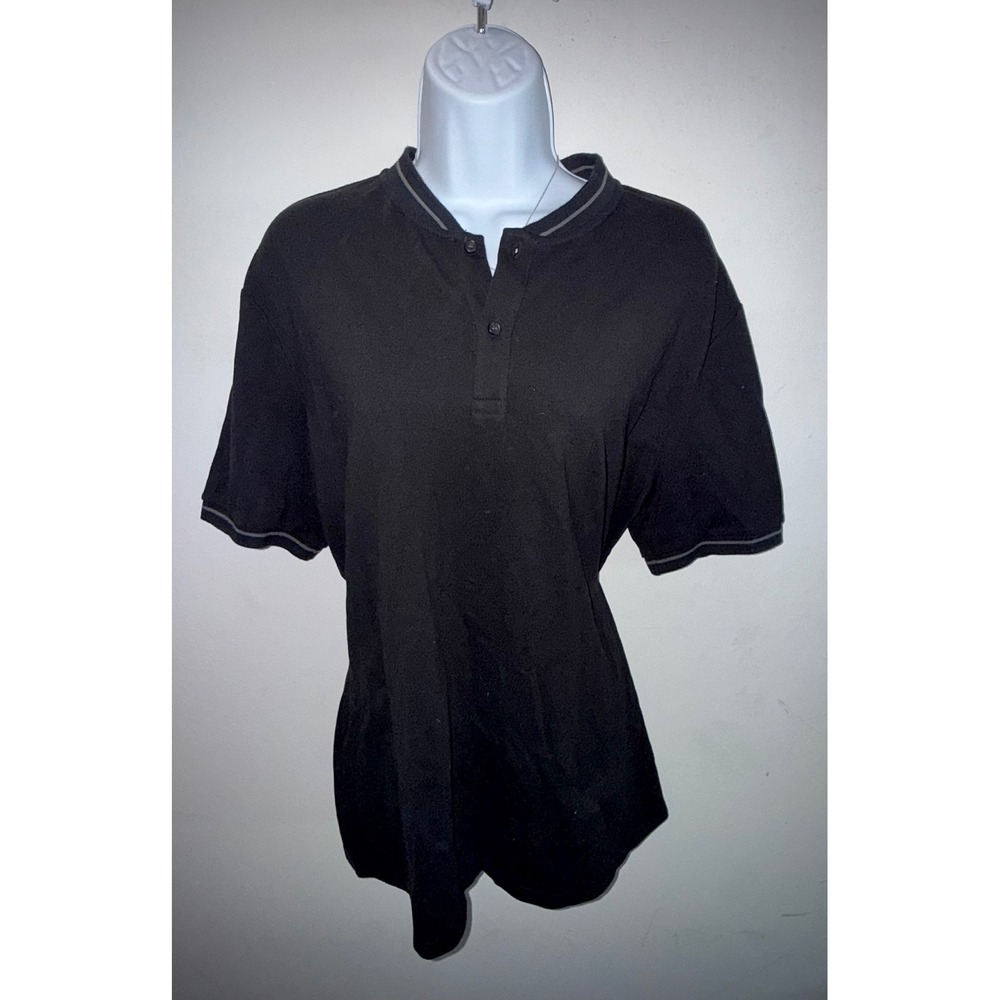 Murano Mens Slim Fit Band Collar Polo Shirt Black Short Sleeve Cotton Stretch L‎